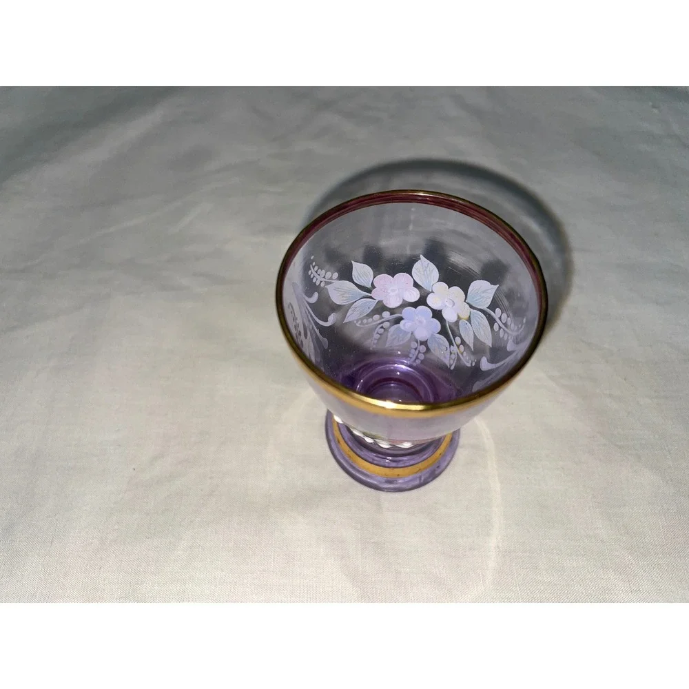 Vintage Purple Amethyst Glass Shot Glass Hand Painted Floral Gold Rim Pedestal